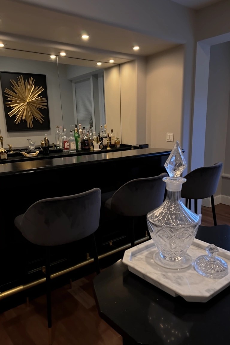 Sleek home bar with black counter, gray velvet stools, crystal decanter on white tray, mirrored backsplash highlighting liquor bottles and gold sunburst art
