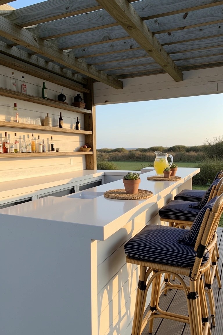 White countertop bar under wooden pergola with open shelves of liquor bottles rattan stools and ocean dune view