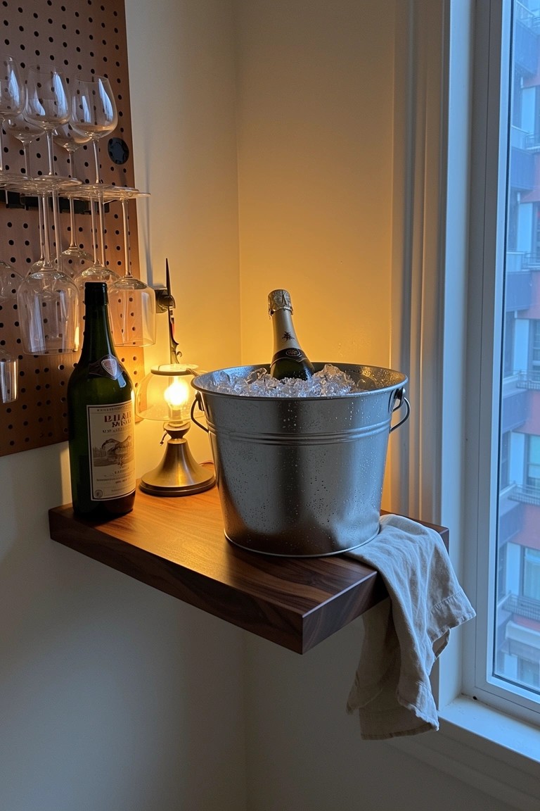 Pegboard wall behind wooden shelf with hanging glasses, champagne bucket in ice, and bottles for a compact home bar corner