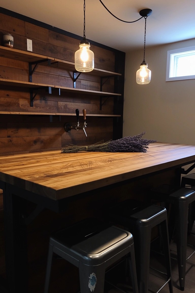 Rustic home bar featuring wood-paneled wall with open shelves, beer draft tap, wooden countertop on black metal base, and stools