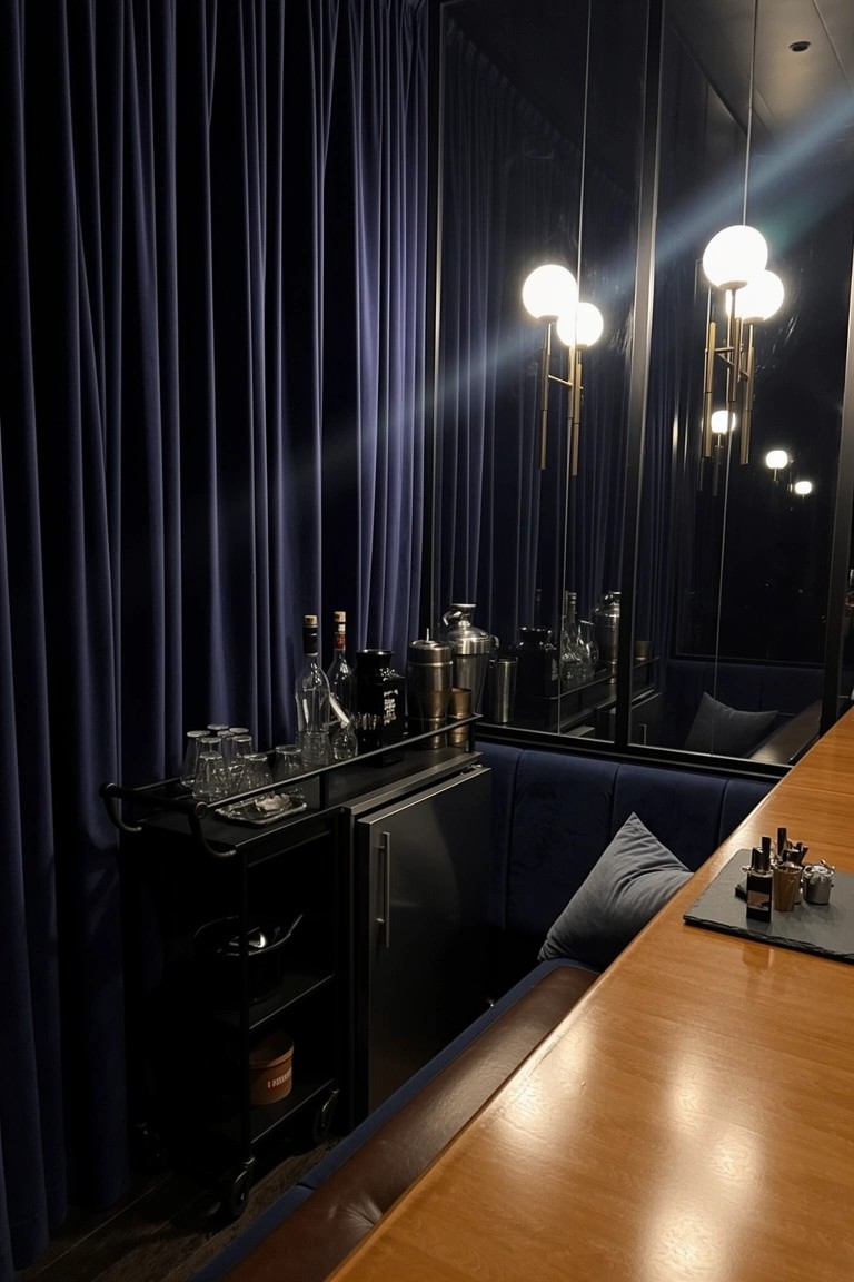 Navy blue velvet booth seating at a mirrored home bar with heavy drapes, wooden counter, and stocked cart