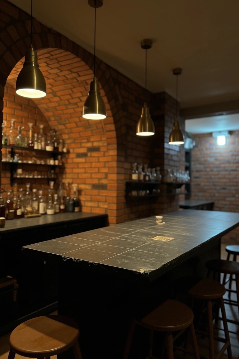 Exposed brick walls with arched niches holding whiskey bottles in a cozy home bar area, black countertop, wood stools, and pendant lights