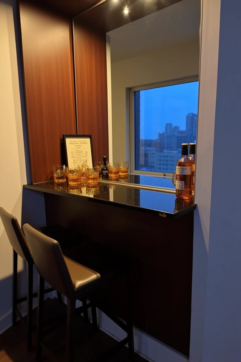 Built-in wooden whiskey bar nook with black counter, two stools, bottles, and mirror shelf against a window