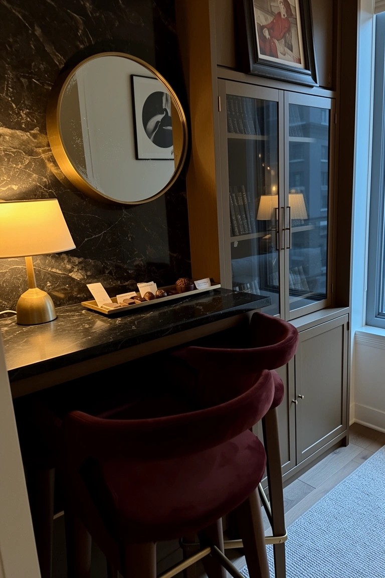 Cozy whiskey bar nook with black marble console top, burgundy upholstered stools, gold lamp and mirror, and adjacent wooden cabinet with glass doors