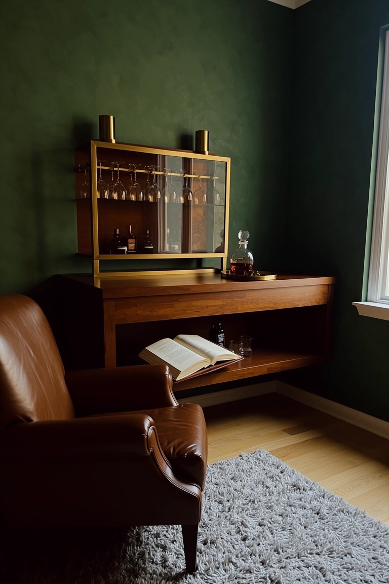 Wooden corner bar cabinet with brass frame holding whiskey bottles and glasses, leather armchair nearby on green wall