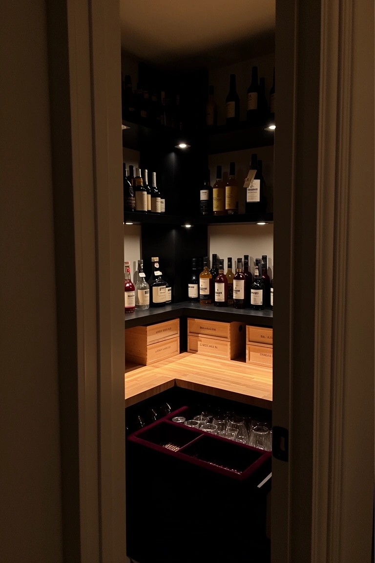 Cozy corner home bar with wooden shelves displaying whiskey bottles and under-shelf lighting