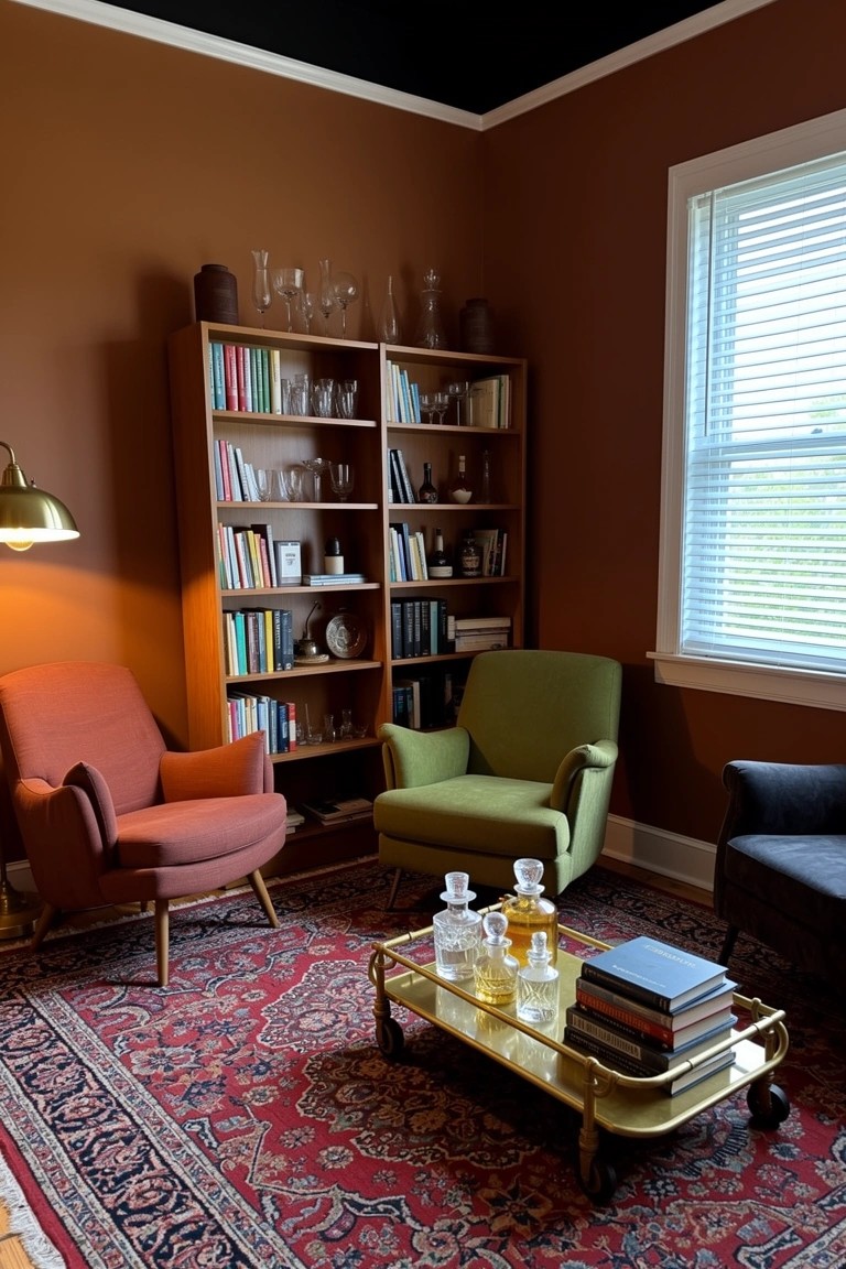 Cozy corner whiskey bar nook with tall wooden bookshelves flanking orange and green mid-century armchairs, brass tray table holding bottles and books, on a red Persian rug against brown walls