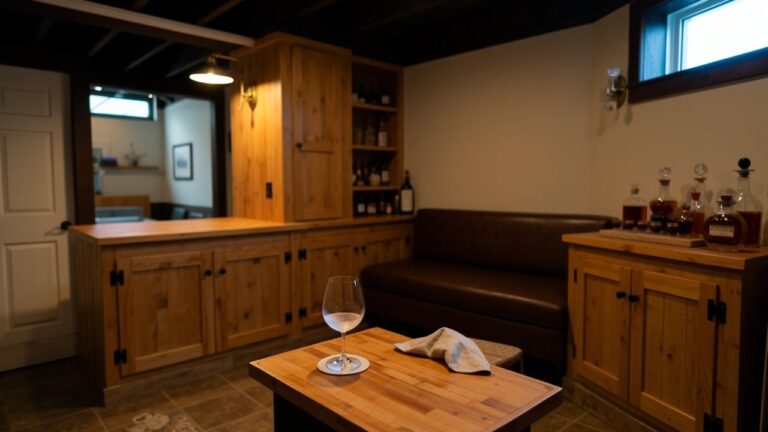 Cozy basement whiskey bar nook featuring cedar wood paneling on walls and ceiling, built-in wooden bar cabinet with open bottle shelves, leather sofa, pendant lamps, and small wooden table with beer glass