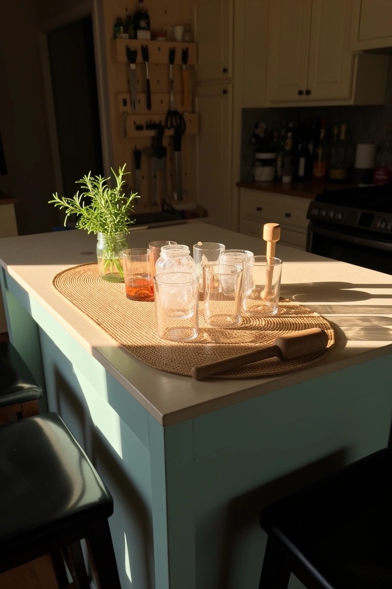 Kitchen island with glasses, wooden muddler, fresh rosemary, and orange drinks ready for a casual home bar setup