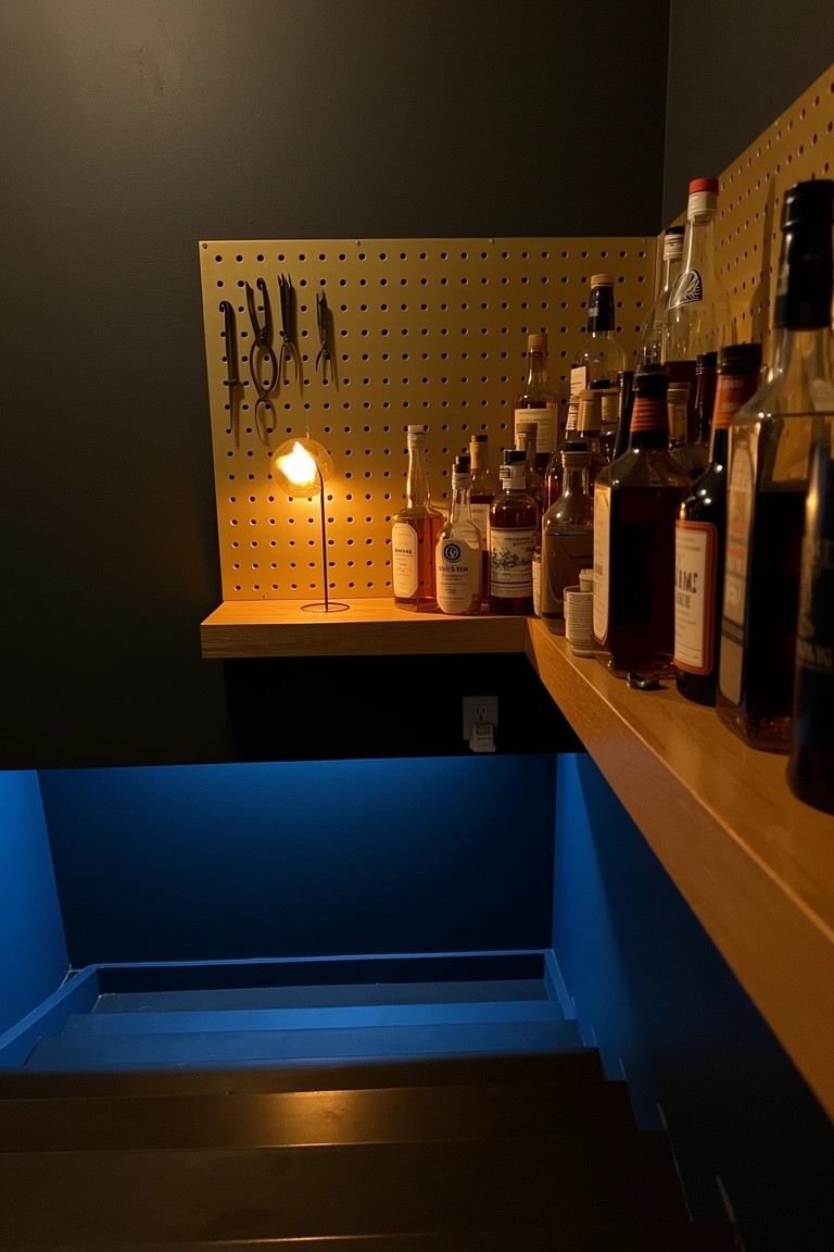 Home whiskey bar corner with pegboard wall holding bottles, tools, and a lamp, plus wooden shelves nearby