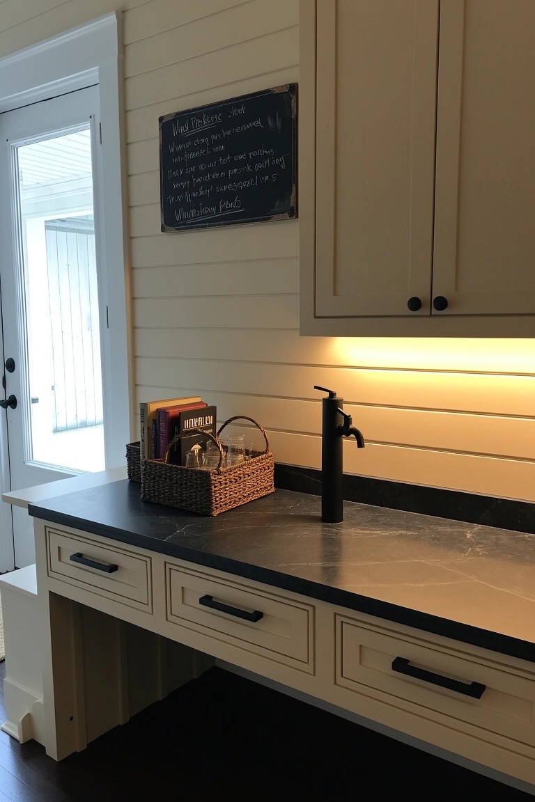 Shiplap wall behind low wooden bar counter with black faucet, woven basket, and upper cabinets