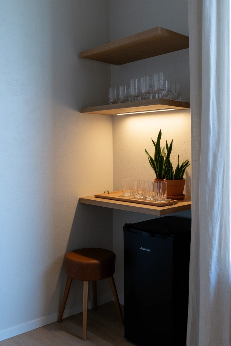 Cozy corner bar nook with wooden shelves holding glasses, a potted plant, mini fridge below, and a small stool.