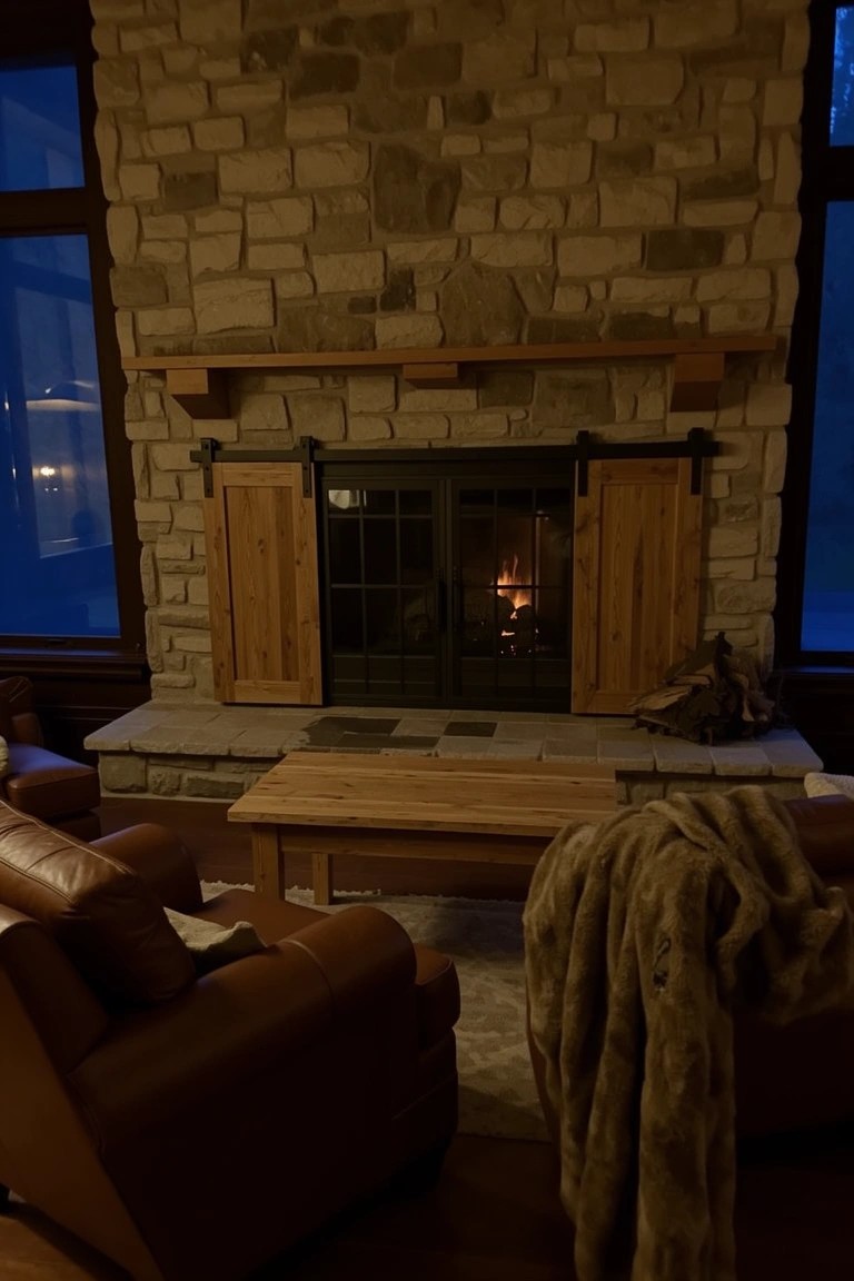 Rustic stone fireplace with wooden barn doors open to a glowing fire, flanked by leather chairs and a wood table