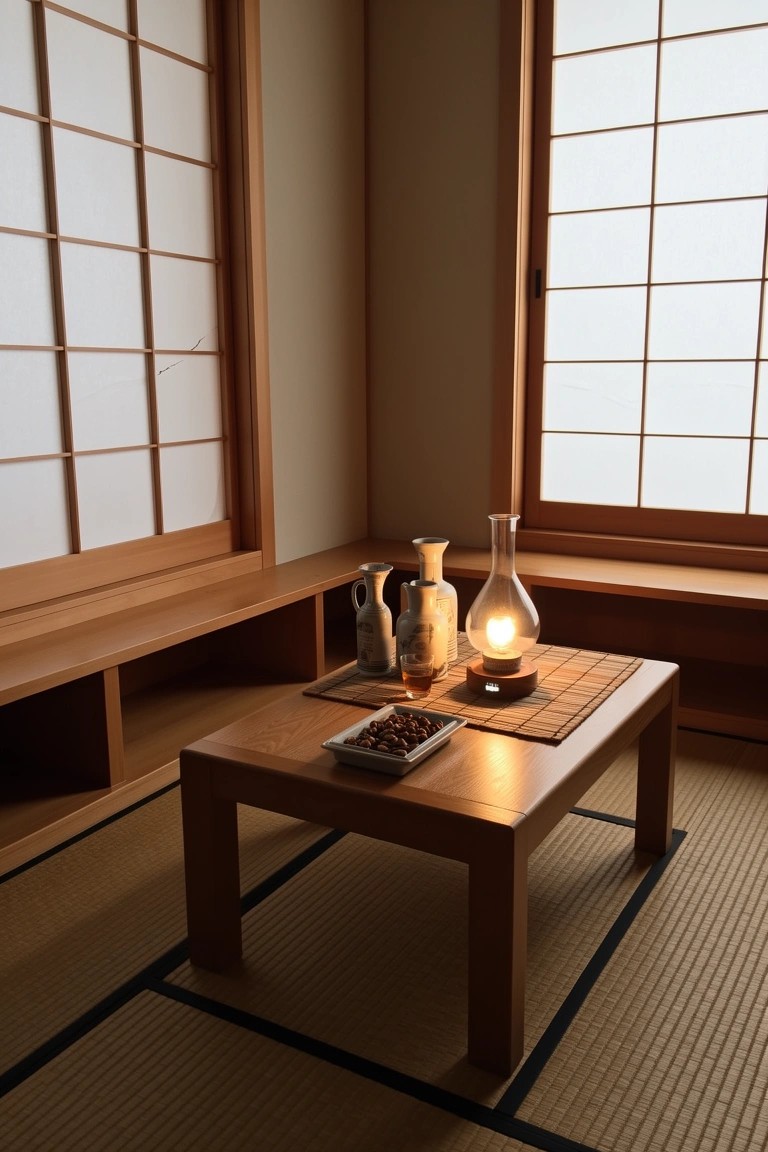 Japanese tatami room corner with low wooden table, shoji screens, lantern light, and simple bar setup