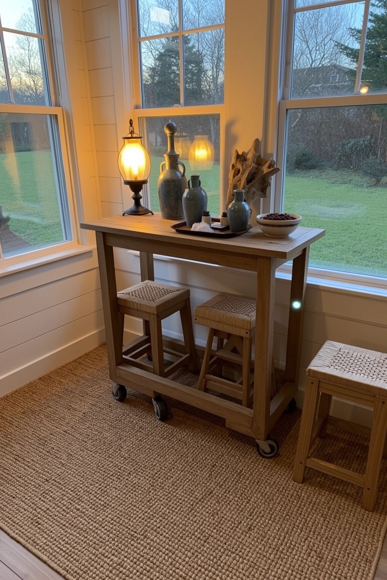 Wheeled wooden bar cart with stools and pottery in a white-walled sunroom nook by large windows