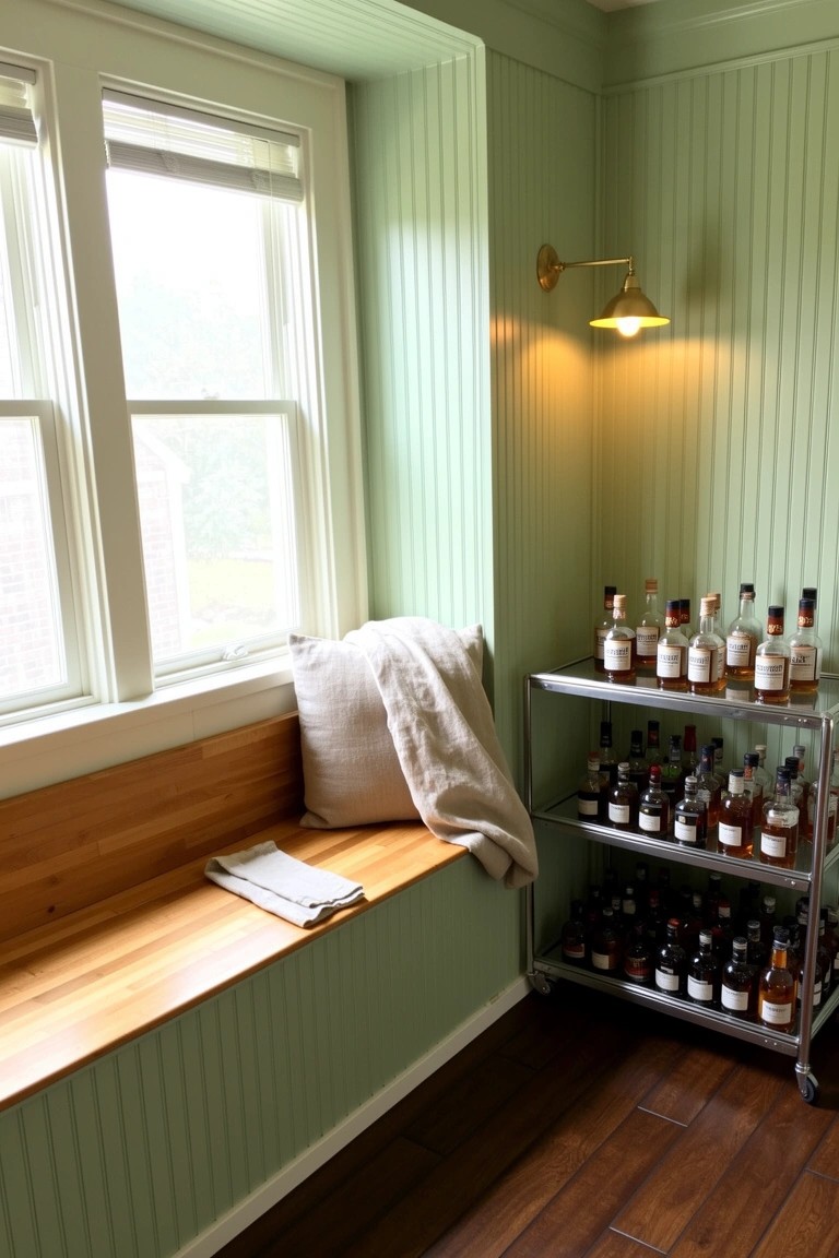 Sage green paneled corner with wooden window bench, neutral pillows, and rolling metal cart stocked with whiskey bottles