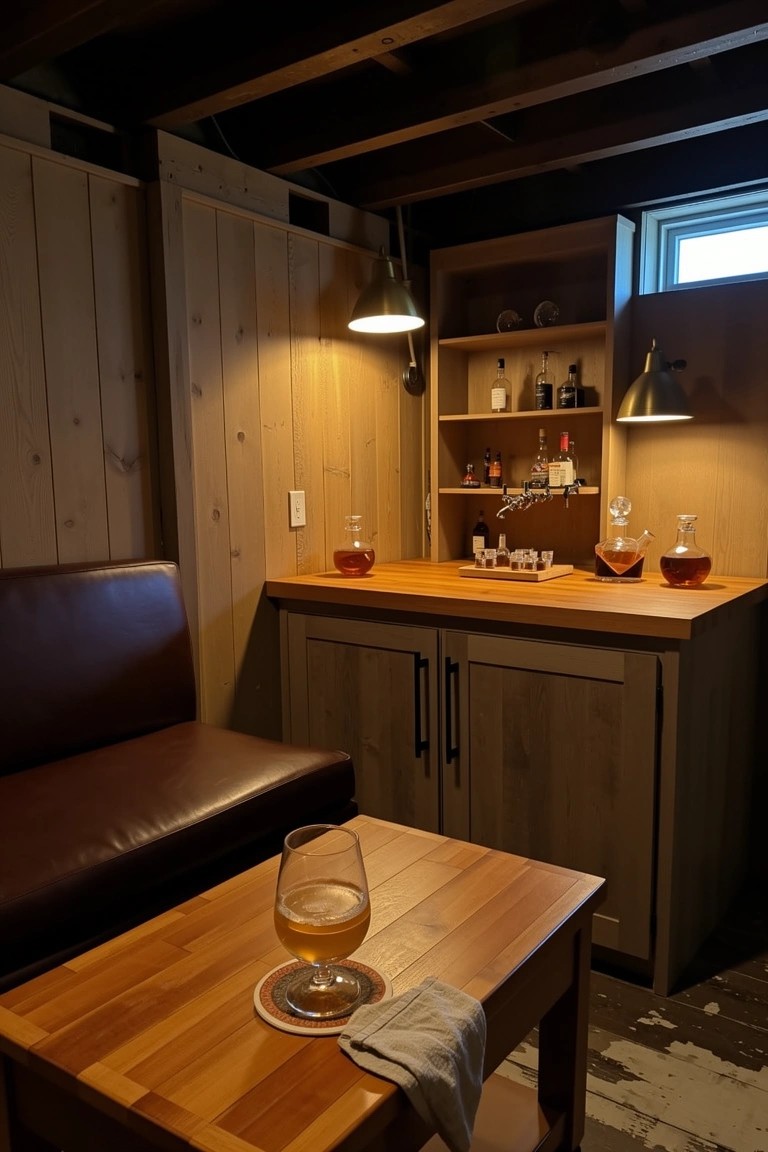 Cozy basement whiskey bar nook featuring cedar wood paneling on walls and ceiling, built-in wooden bar cabinet with open bottle shelves, leather sofa, pendant lamps, and small wooden table with beer glass