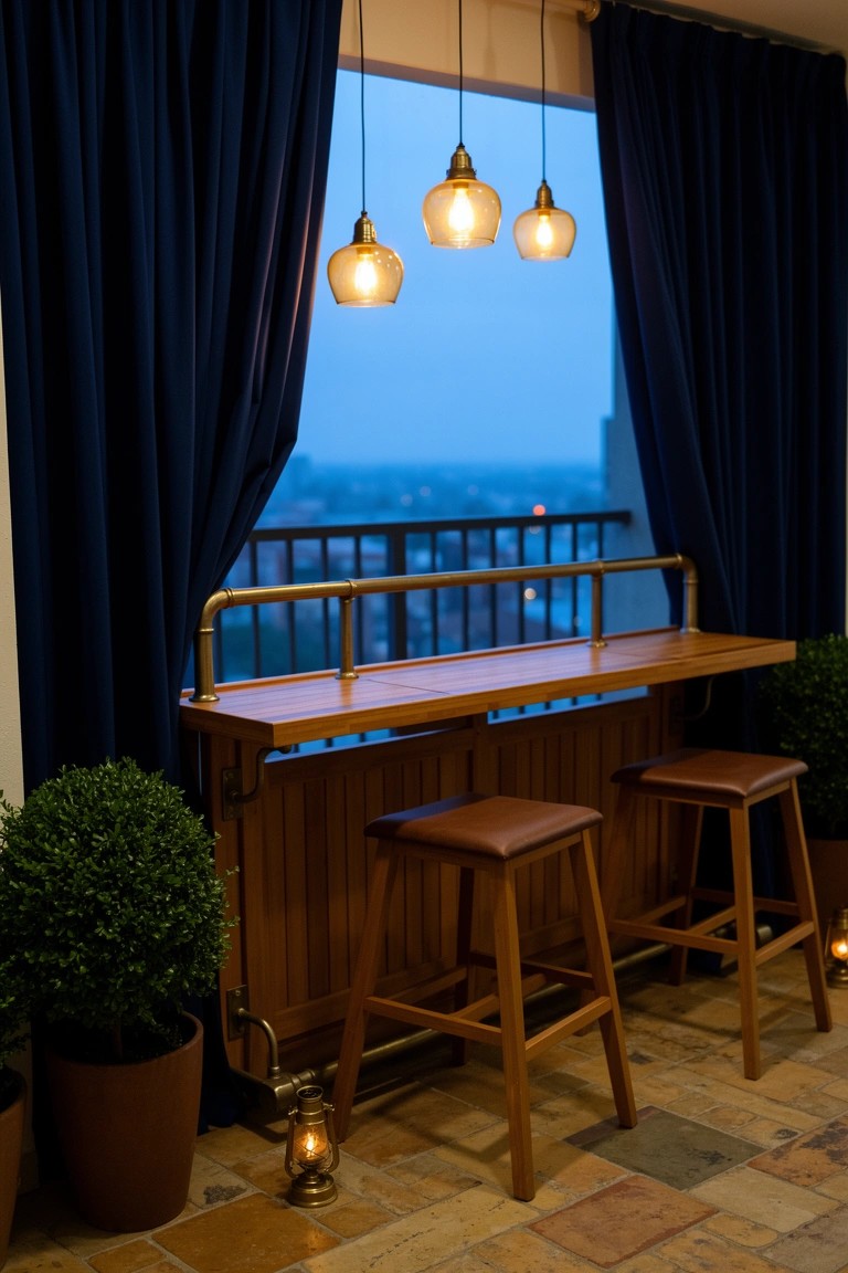 Wooden bar counter built against a large window with dark blue curtains, flanked by potted plants, two leather stools, and hanging pendant lights