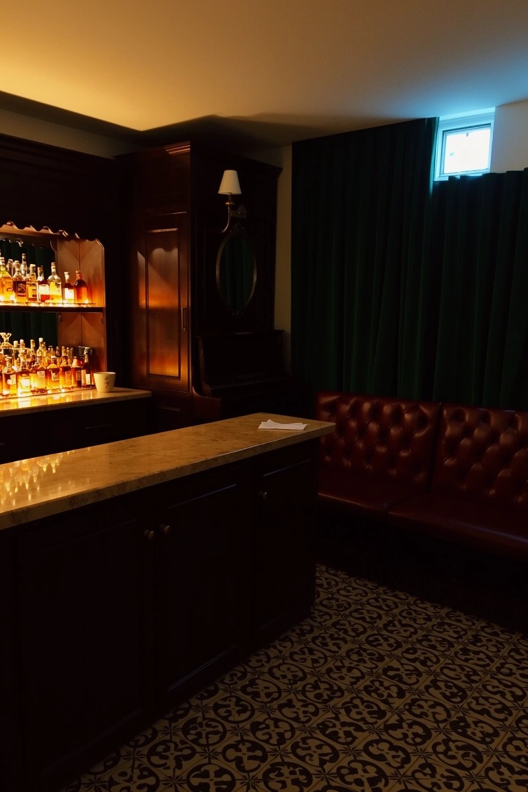 Dark wooden bar cabinet with illuminated whiskey bottles on shelves, marble countertop, red tufted leather bench, green curtains, and patterned rug in a cozy room