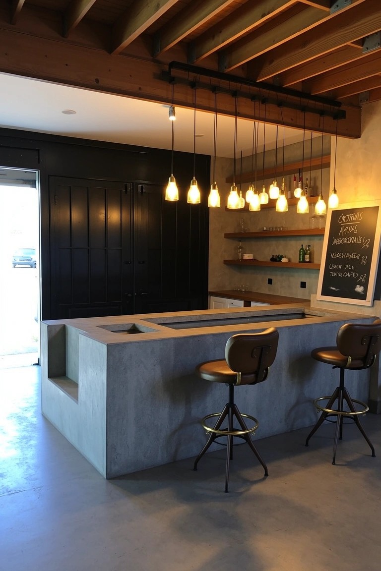 Speakeasy-style home bar with gray concrete counter and sink, two tan leather swivel stools, pendant bulb lights from exposed wood beam ceiling, open shelves, black double doors, and chalkboard in industrial space