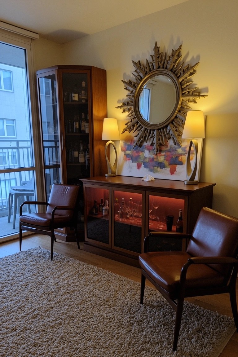 Wooden bar cabinet in living room corner with red interior lighting on liquor bottles and glasses, gold sunburst mirror above, two brown leather armchairs, neutral rug, and balcony view through large windows