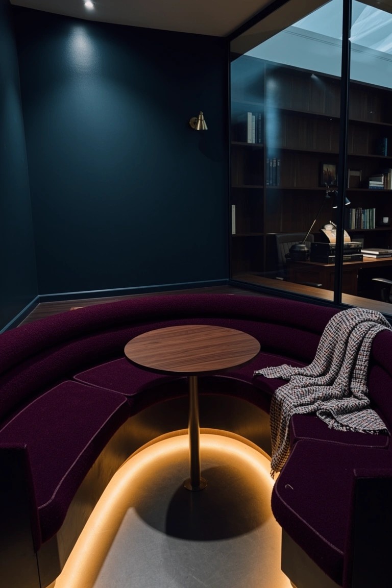Curved purple velvet banquette with round wooden table and ambient under lighting in a moody dark-walled nook with bookshelves and glass partition