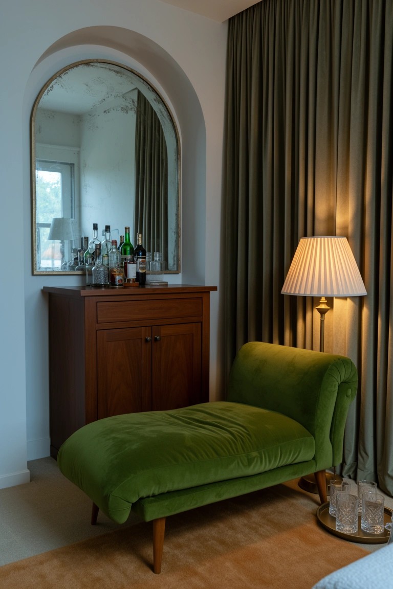 Wooden credenza bar station with liquor bottles and glasses under an arched mirror, green velvet chaise lounge in front, lamp and curtains in a cozy corner