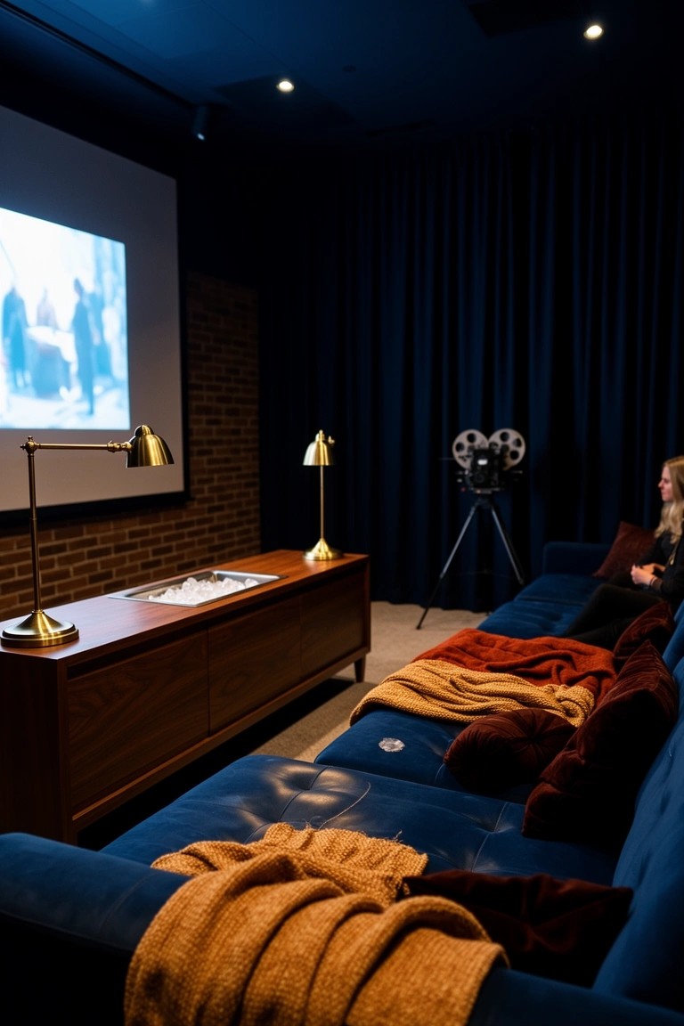 Moody home theater lounge with deep blue walls and ceiling, plush blue velvet sofas draped in throws, wooden credenza, exposed brick wall, and projector screen