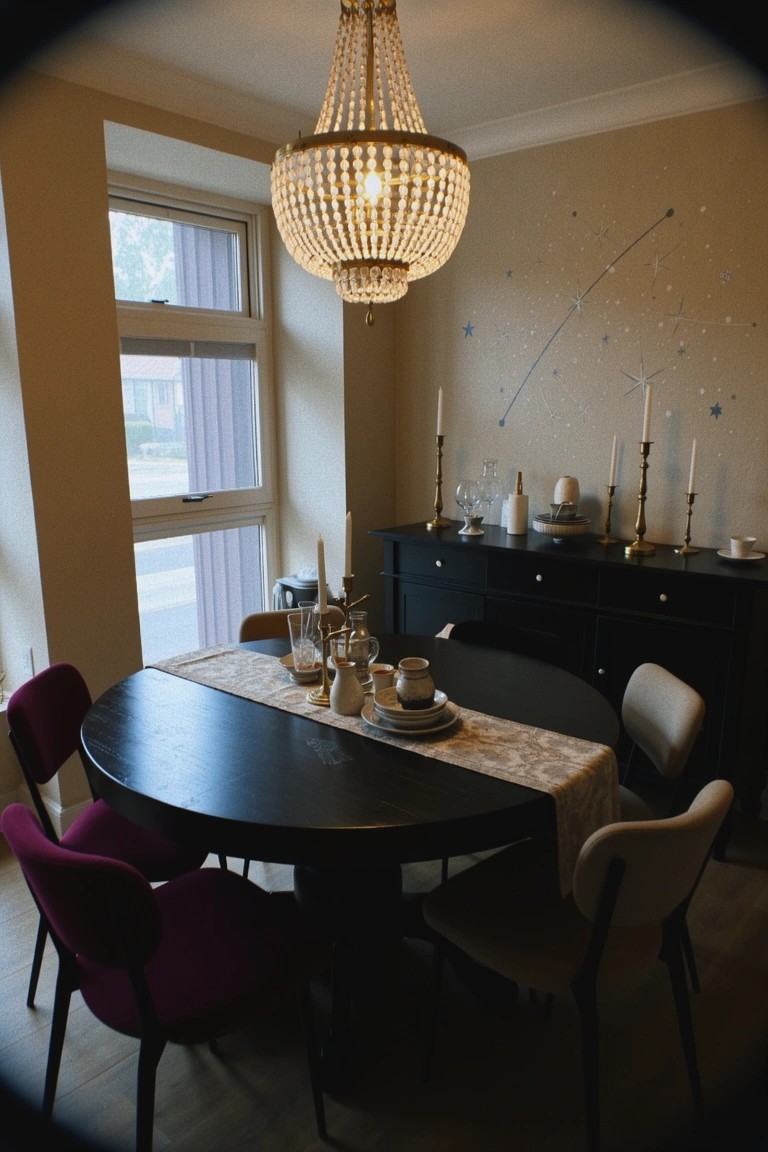Beige dining room with sparkling beaded chandelier over round black table, mixed purple and cream chairs, candle accents, and simple table setting