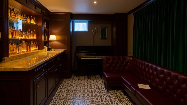 Dark wooden bar cabinet with illuminated whiskey bottles on shelves, marble countertop, red tufted leather bench, green curtains, and patterned rug in a cozy room