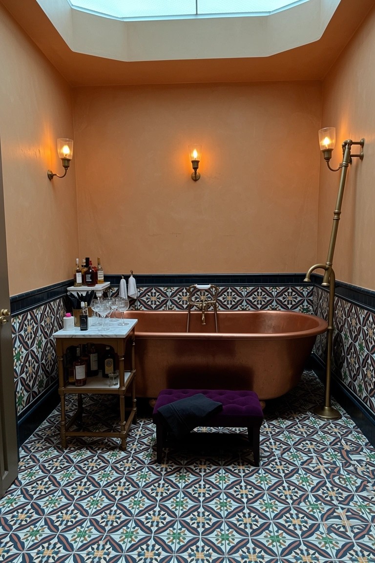Small bathroom with freestanding copper bathtub, warm terracotta walls, brass fixtures, and patterned tile floor