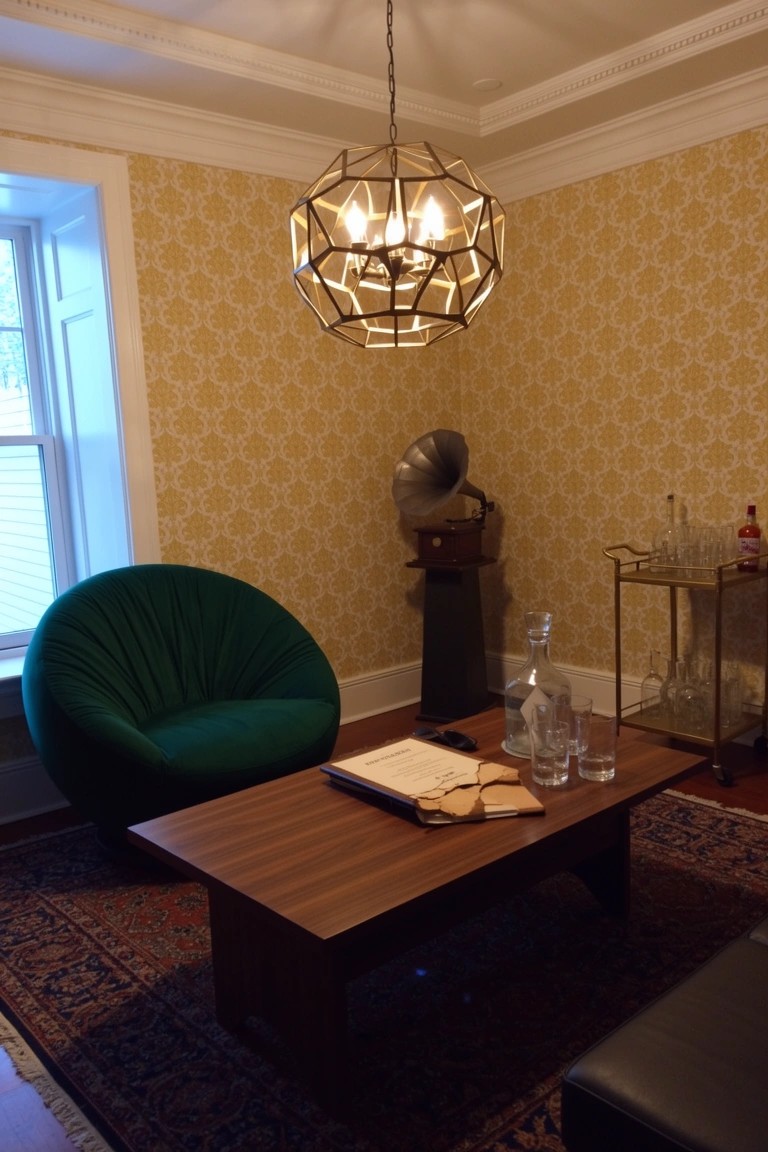 Green velvet egg chair in corner of yellow patterned wallpaper room with vintage gramophone stand, wooden coffee table, bar cart, and faceted chandelier above
