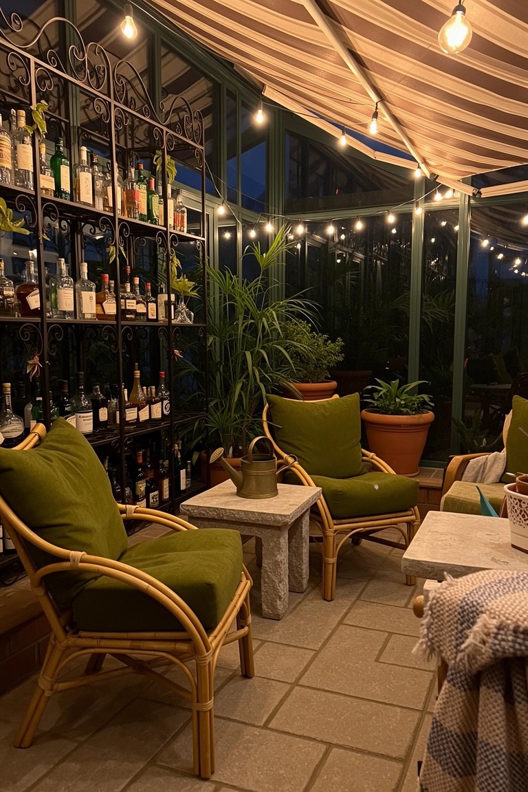 Nighttime greenhouse bar nook with black iron shelves full of liquor bottles amid potted plants, paired with green rattan chairs, string lights, and striped awning