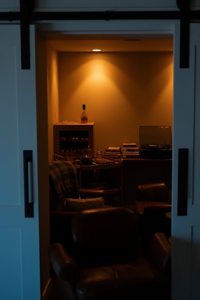 Black sliding barn doors open to reveal a dimly lit speakeasy bar nook with leather chairs, a shelf of bottles and books, and a record player