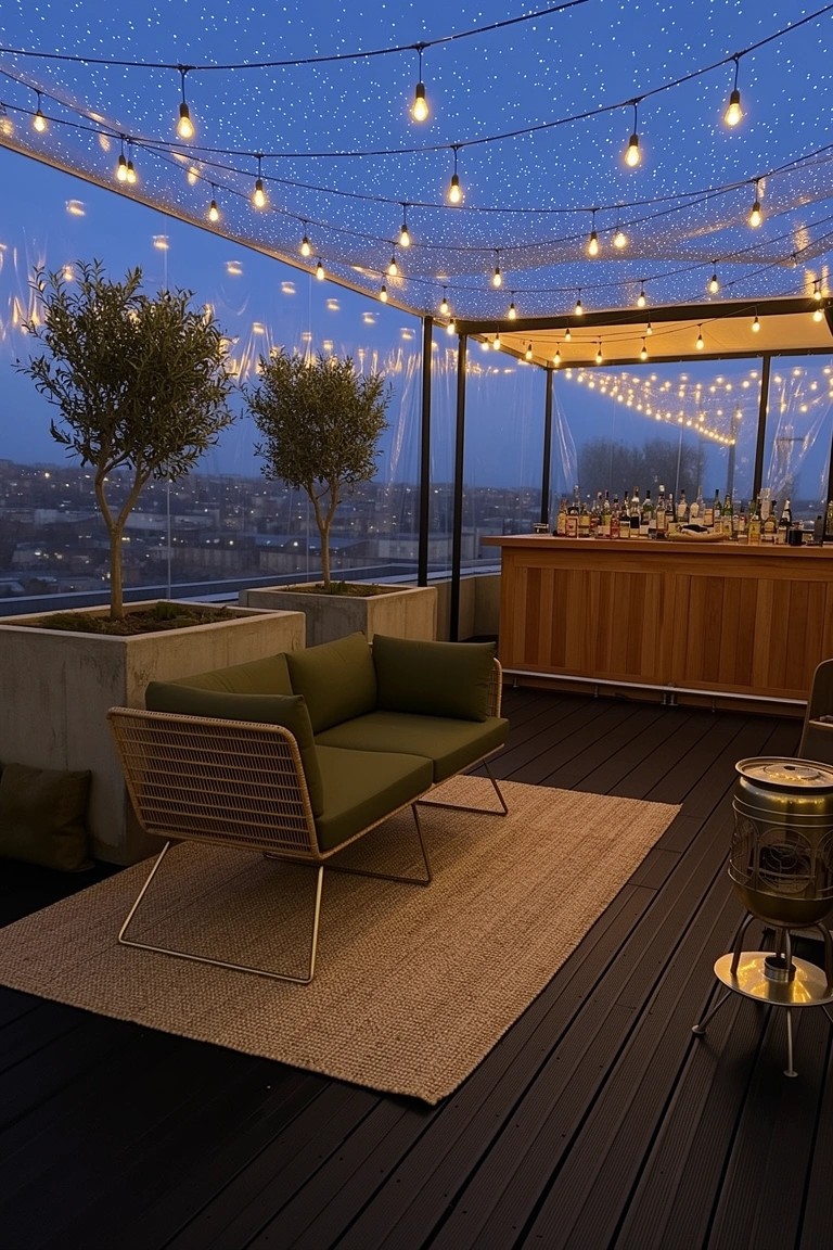 Rooftop deck bar with overhead string lights, potted olive trees, wooden bar counter, and green outdoor couch on a rug