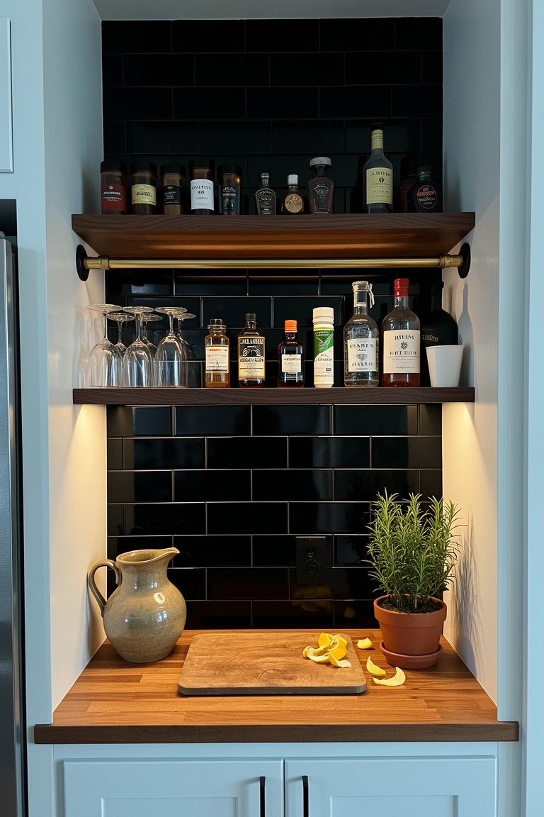 Brass pipe shelves stocked with liquor bottles and glasses against black subway tile wall, with wood countertop and cutting board below