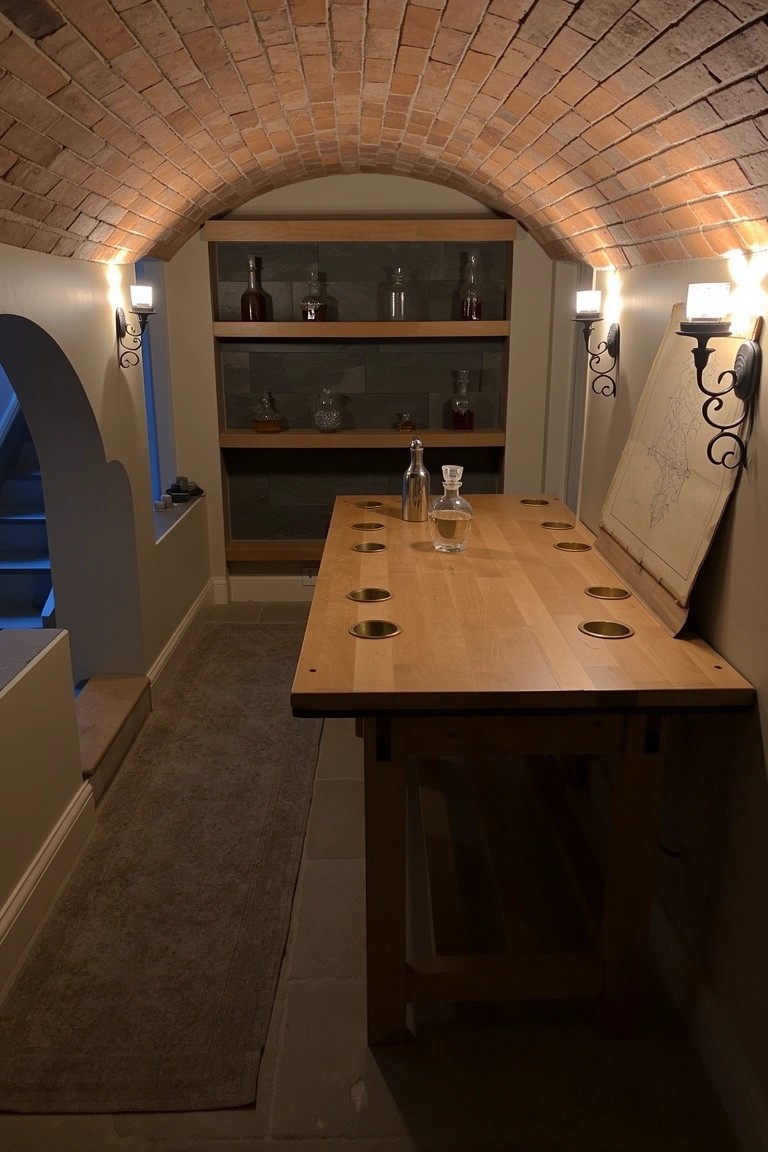 Vaulted brick cellar with wooden workbench table and bottle shelves under soft wall lights