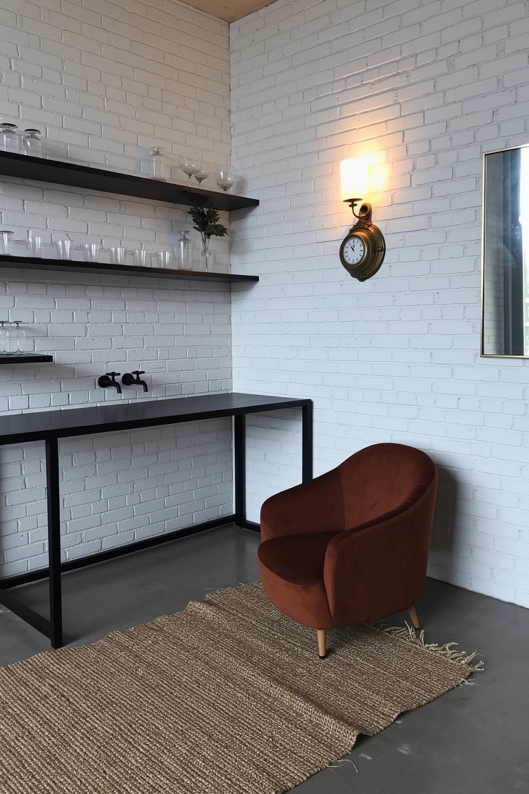 Corner wet bar nook featuring exposed white brick walls, open wooden shelves with glassware and plants, black metal sink table, rust velvet armchair, wall clock and sconce, jute rug on concrete floor