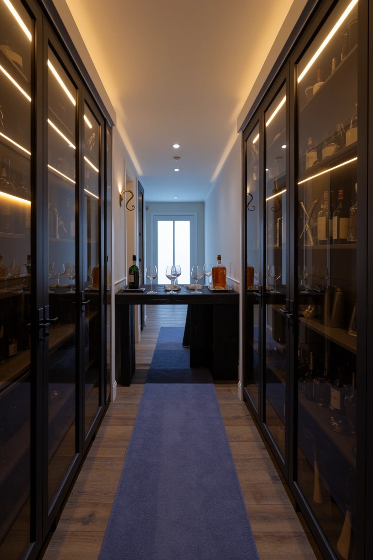 Narrow hallway lined with tall black glass-fronted wine cabinets on both sides, LED strip lighting above, blue runner rug on wood floor, central table with bottles and glasses