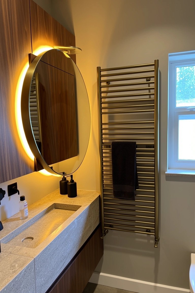 Bathroom with large round backlit mirror on wood cabinetry, stone sink, and brass towel radiator