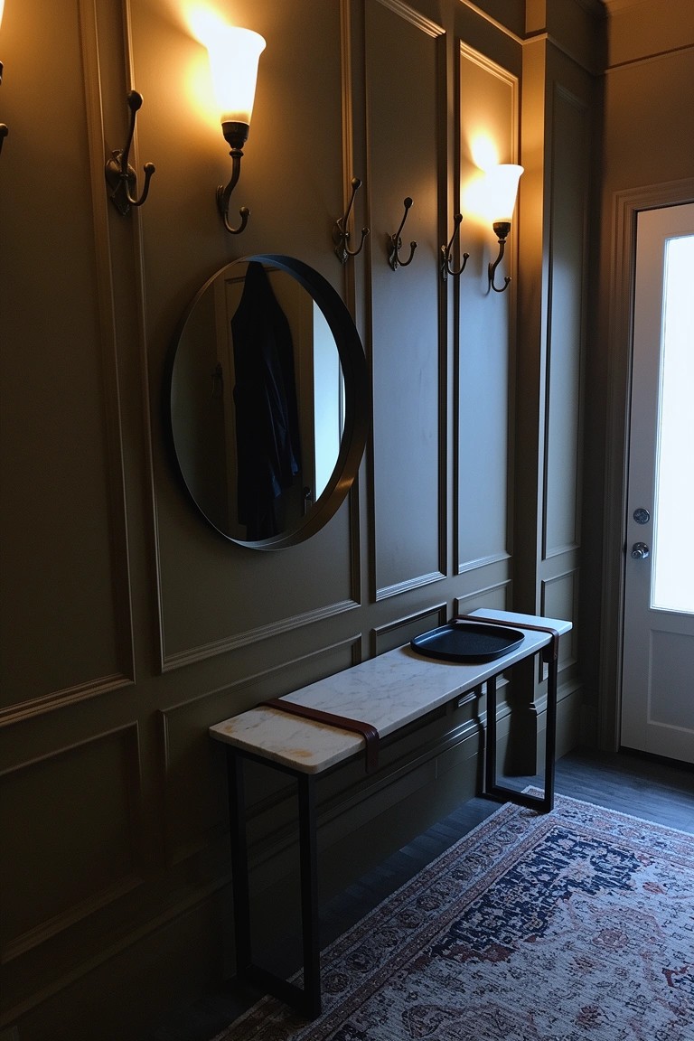 Narrow entry hall with beige paneled walls, slim marble-top console on black metal legs, round black mirror, coat hooks, wall sconces, and glass front door.