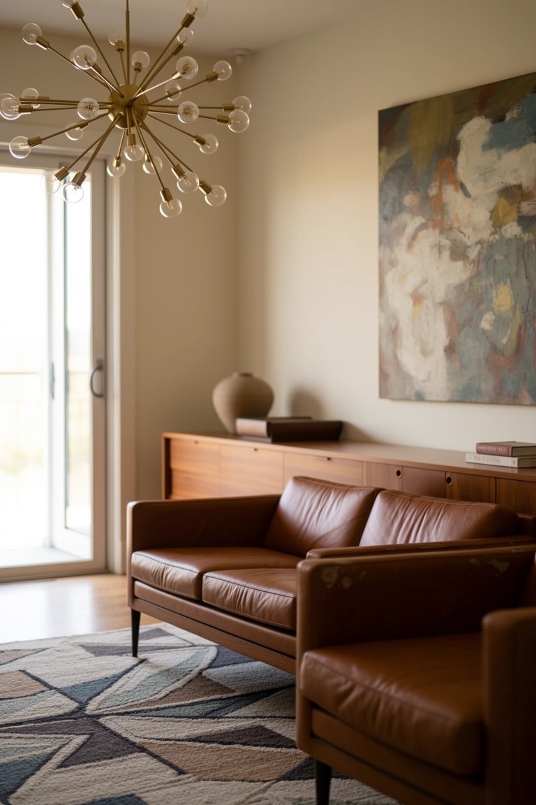 Cognac leather loveseat and armchair positioned in front of a low wooden credenza topped with books and a ceramic vase, large abstract painting on the beige wall above, sputnik-style chandelier overhead, sliding glass door leading outside