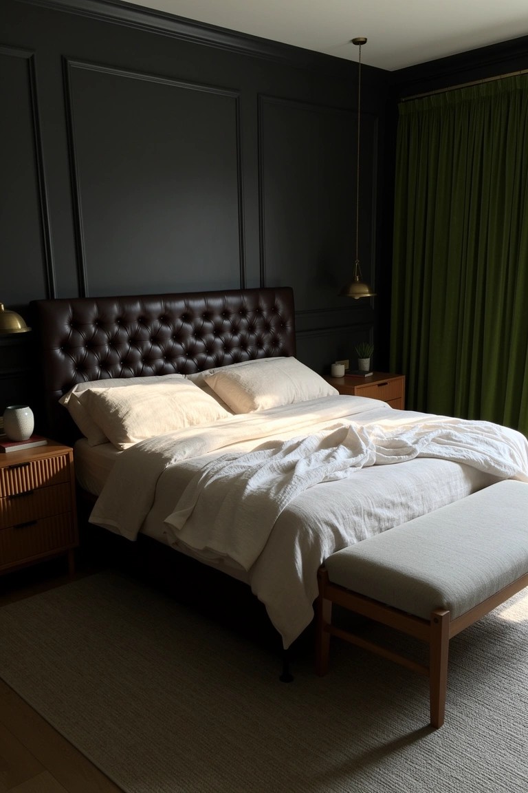 Elegant bedroom with dark paneled walls, tufted brown leather headboard, white bedding, wooden nightstands, brass lamps, green curtains, and a bench at the bed's foot