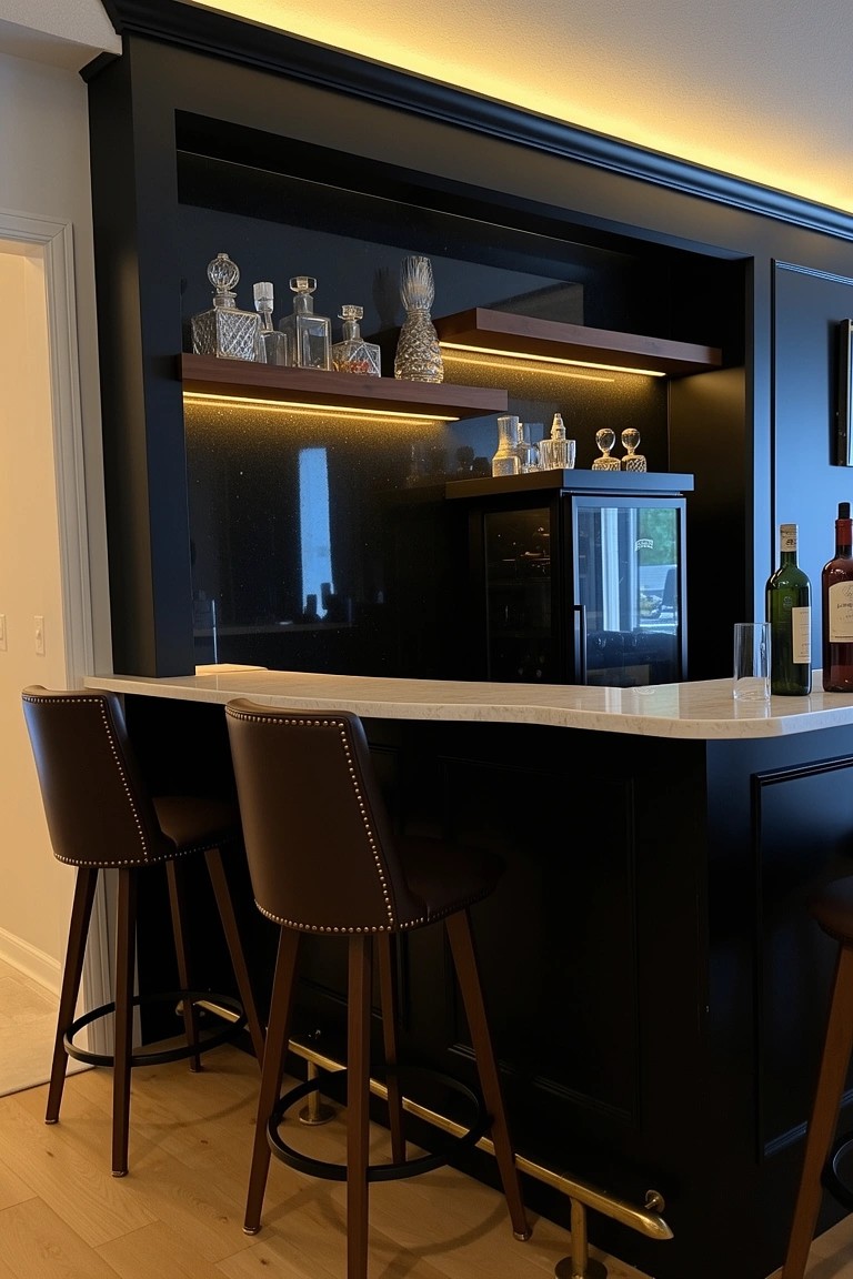 Dark built-in home bar with backlit shelves holding liquor bottles, white curved countertop, and brown leather bar stools
