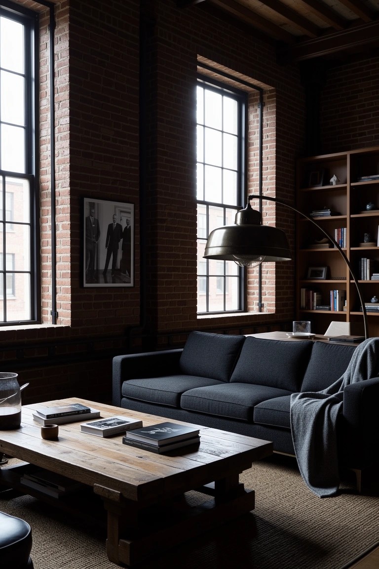 Living room with tall exposed brick walls, dark gray sofa, low wooden coffee table, and built-in bookshelves