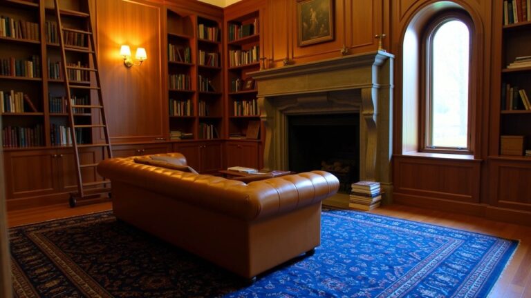 Wood-paneled library room with tall bookshelves accessed by rolling ladder, stone fireplace, and tan leather tufted sofa on blue rug