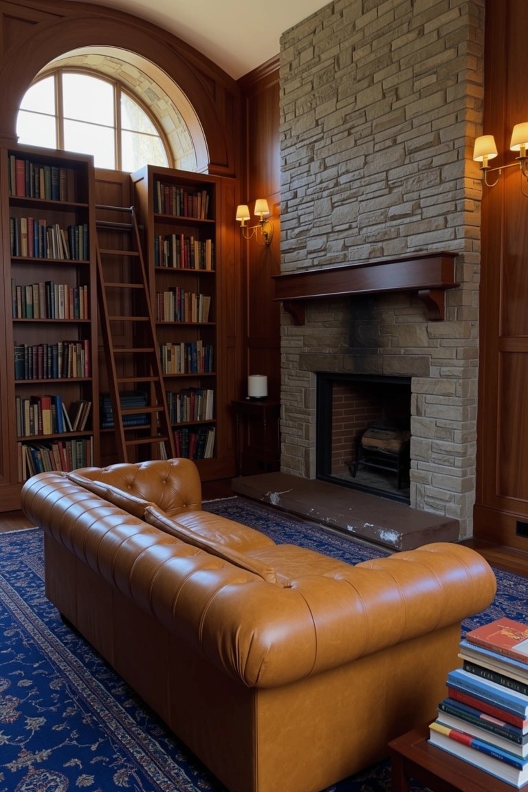 Wood-paneled library room with tall bookshelves accessed by rolling ladder, stone fireplace, and tan leather tufted sofa on blue rug