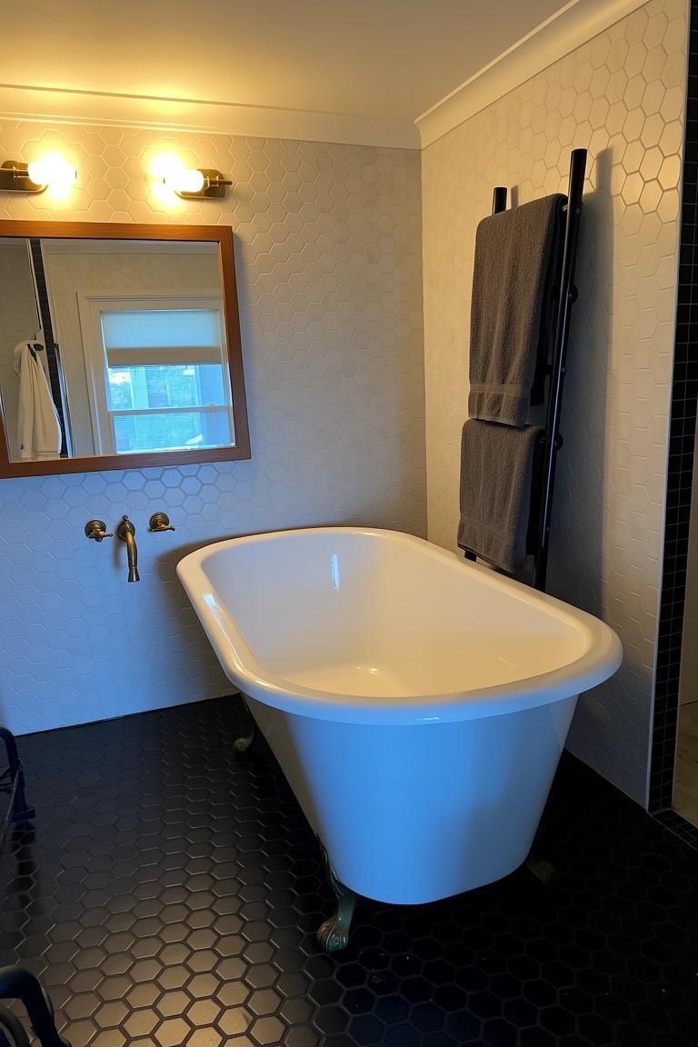 White clawfoot bathtub centered in a bathroom with black hexagon floor tiles, brass faucets, and a black towel rail on tiled walls