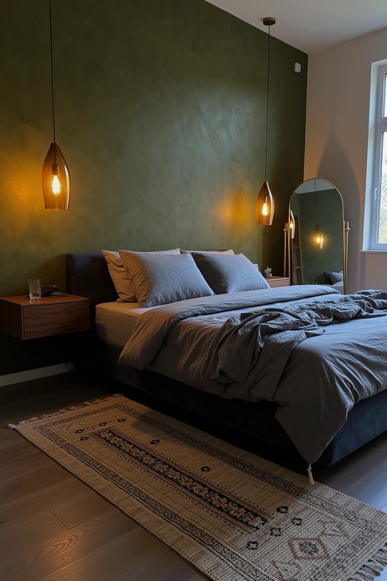 Bedroom with deep green textured accent wall behind gray bed, wooden floating nightstands, amber pendant lights, and patterned rug on wood floors