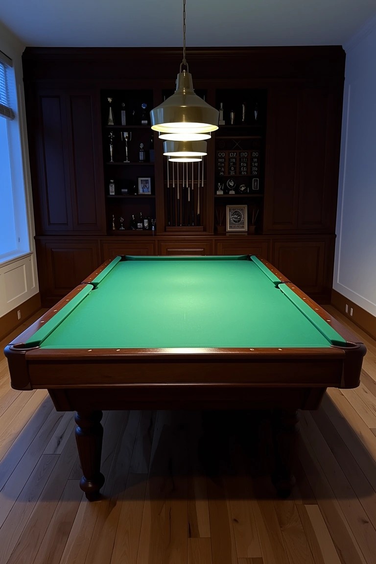 Wood-paneled room with green billiards table centered under pendant lights and flanked by built-in shelving for bottles and books